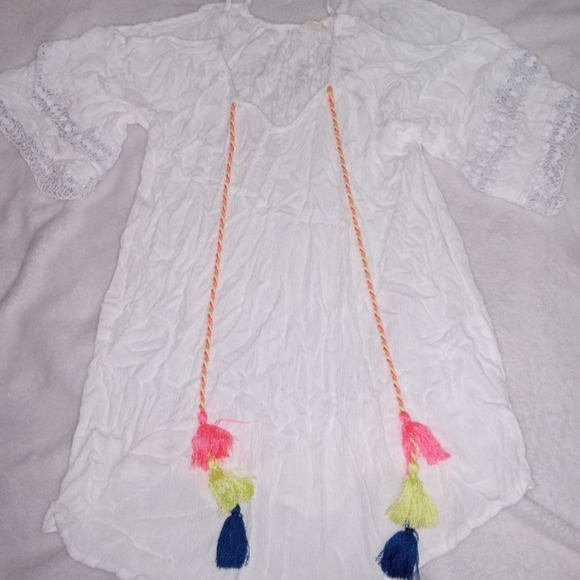 Surf Gypsy Boho Blouse Off Shoulder Blouse with Neon Tassel Accents Sz Large - Picture 2 of 10